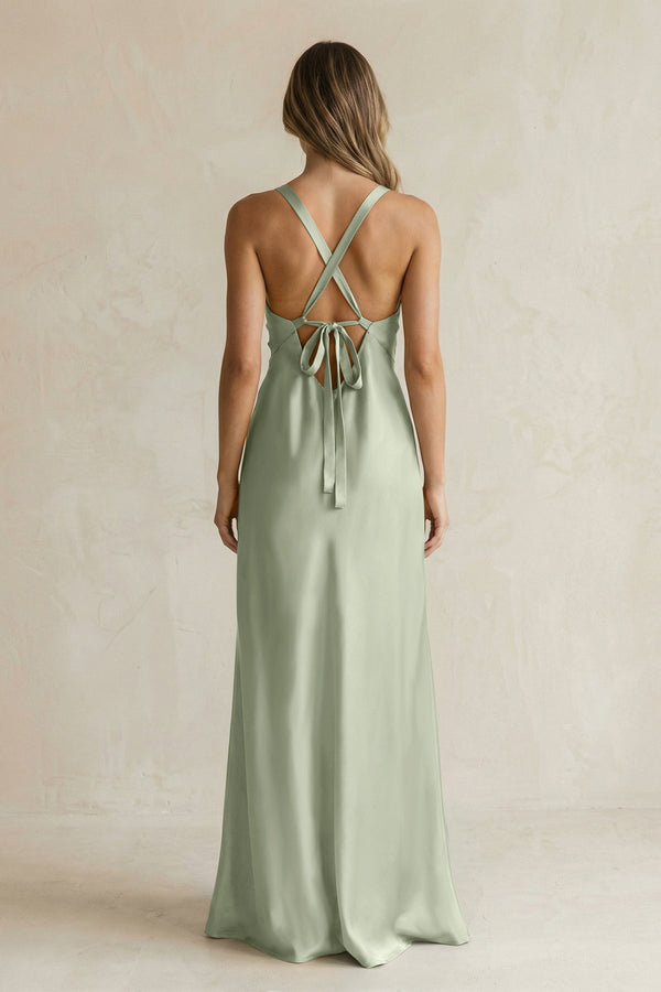 V - Neck Sheath Satin Bridesmaid Dress With Slit in Dove Gray - KissProm Bridesmaid Dresses