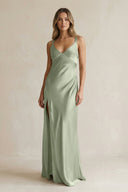 V - Neck Sheath Satin Bridesmaid Dress With Slit in Dove Gray - KissProm Bridesmaid Dresses