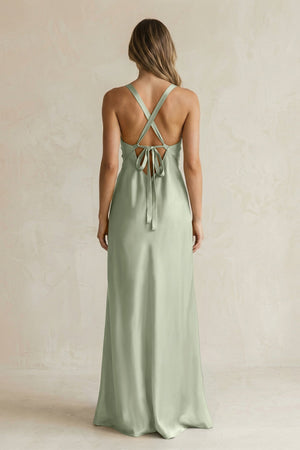 V - Neck Sheath Satin Bridesmaid Dress With Slit in Dove Gray - KissProm Bridesmaid Dresses