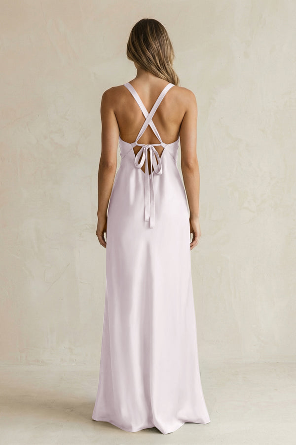 V - Neck Sheath Satin Bridesmaid Dress With Slit in Dusk - KissProm Bridesmaid Dresses