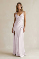 V - Neck Sheath Satin Bridesmaid Dress With Slit in Dusk - KissProm Bridesmaid Dresses