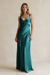 V - Neck Sheath Satin Bridesmaid Dress With Slit in Emerald - KissProm Bridesmaid Dresses