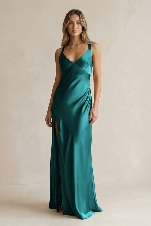 V - Neck Sheath Satin Bridesmaid Dress With Slit in Emerald - KissProm Bridesmaid Dresses