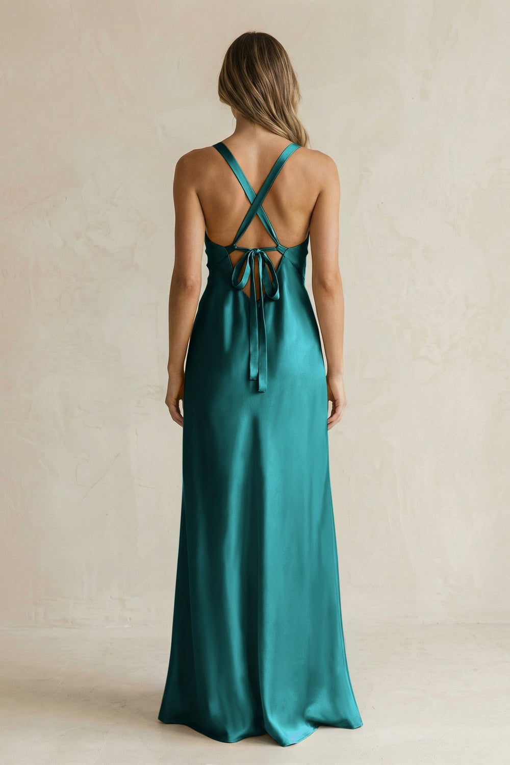 V - Neck Sheath Satin Bridesmaid Dress With Slit in Emerald - KissProm Bridesmaid Dresses
