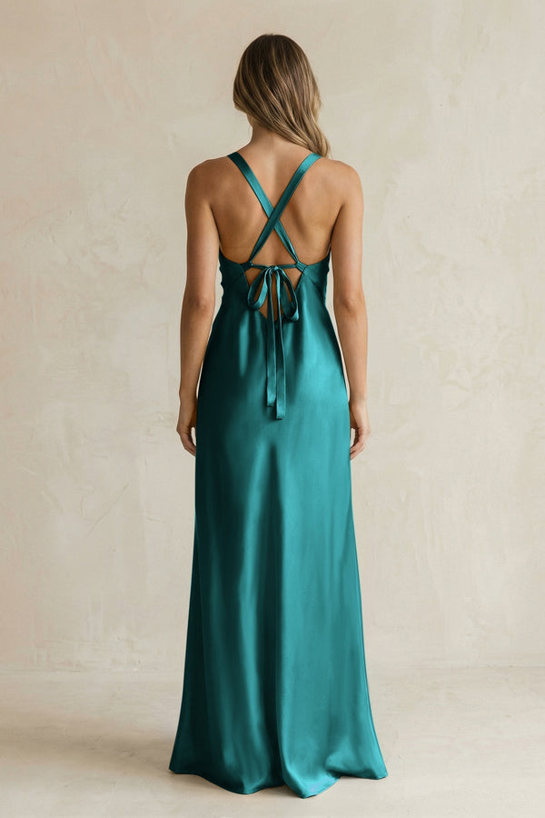 V - Neck Sheath Satin Bridesmaid Dress With Slit in Emerald - KissProm Bridesmaid Dresses