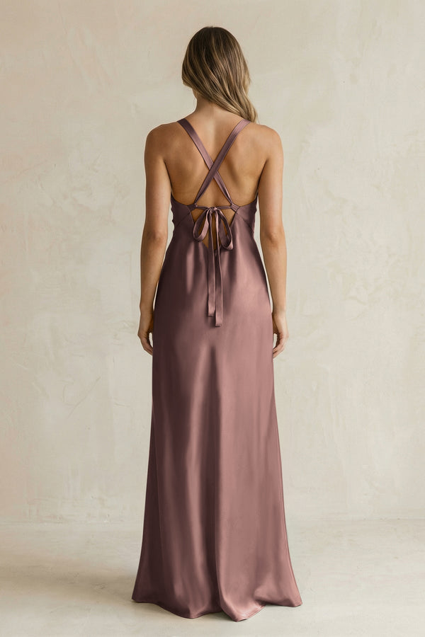 V - Neck Sheath Satin Bridesmaid Dress With Slit in Espresso - KissProm Bridesmaid Dresses
