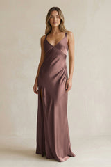 V - Neck Sheath Satin Bridesmaid Dress With Slit in Espresso - KissProm Bridesmaid Dresses