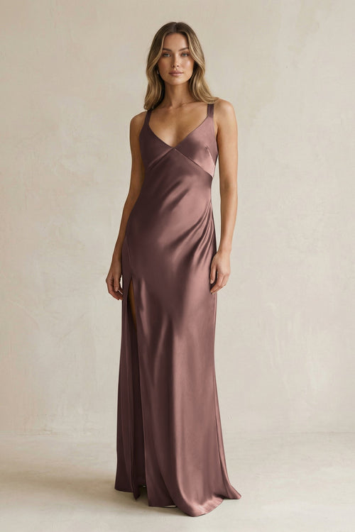 V - Neck Sheath Satin Bridesmaid Dress With Slit in Espresso - KissProm Bridesmaid Dresses