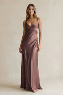 V - Neck Sheath Satin Bridesmaid Dress With Slit in Espresso - KissProm Bridesmaid Dresses