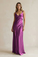 V - Neck Sheath Satin Bridesmaid Dress With Slit in Fig - KissProm Bridesmaid Dresses