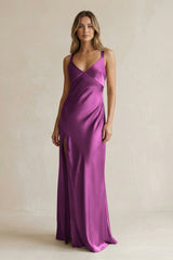 V - Neck Sheath Satin Bridesmaid Dress With Slit in Fig - KissProm Bridesmaid Dresses