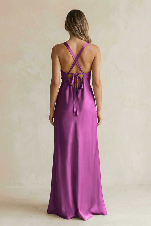 V - Neck Sheath Satin Bridesmaid Dress With Slit in Fig - KissProm Bridesmaid Dresses