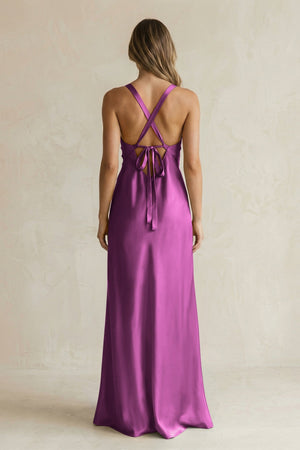 V - Neck Sheath Satin Bridesmaid Dress With Slit in Fig - KissProm Bridesmaid Dresses