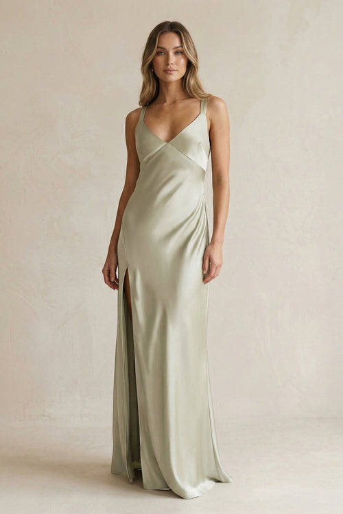 KissProm V-Neck Sheath Satin Bridesmaid Dress With Slit in Frost, Frost / 8