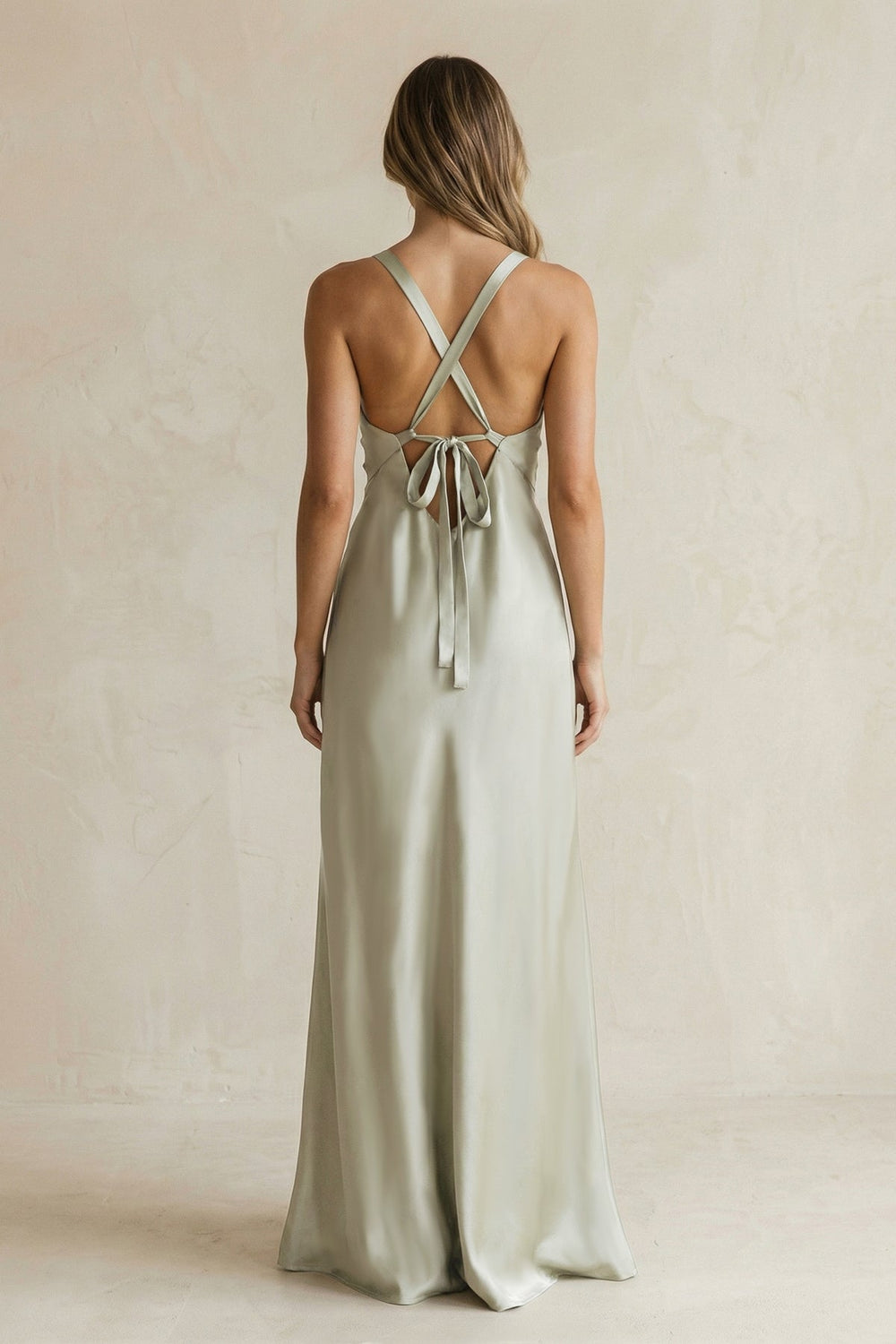 V - Neck Sheath Satin Bridesmaid Dress With Slit in Frost - KissProm Bridesmaid Dresses