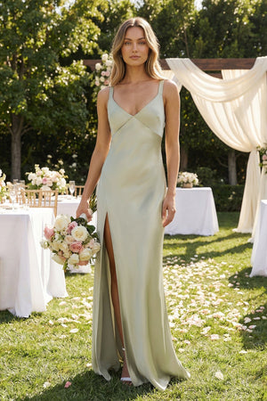 V - Neck Sheath Satin Bridesmaid Dress With Slit in Frost - KissProm Bridesmaid Dresses