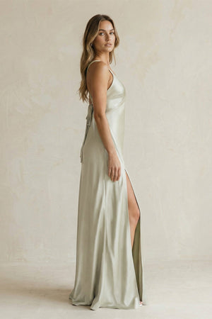 V - Neck Sheath Satin Bridesmaid Dress With Slit in Frost - KissProm Bridesmaid Dresses