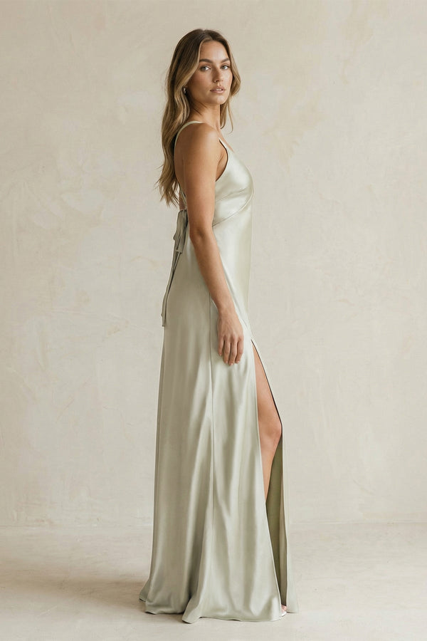 V - Neck Sheath Satin Bridesmaid Dress With Slit in Frost - KissProm Bridesmaid Dresses