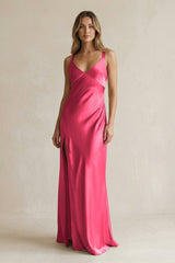 V - Neck Sheath Satin Bridesmaid Dress With Slit in Fuchsia - KissProm Bridesmaid Dresses