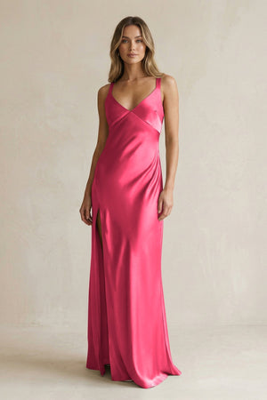 V - Neck Sheath Satin Bridesmaid Dress With Slit in Fuchsia - KissProm Bridesmaid Dresses