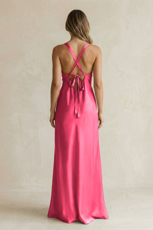 V - Neck Sheath Satin Bridesmaid Dress With Slit in Fuchsia - KissProm Bridesmaid Dresses