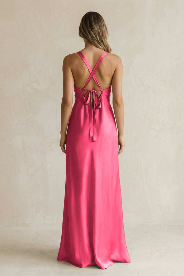 V - Neck Sheath Satin Bridesmaid Dress With Slit in Fuchsia - KissProm Bridesmaid Dresses