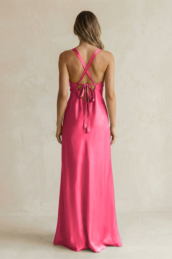 V - Neck Sheath Satin Bridesmaid Dress With Slit in Fuchsia - KissProm Bridesmaid Dresses