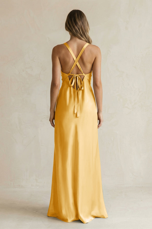 V - Neck Sheath Satin Bridesmaid Dress With Slit in Gold - KissProm Bridesmaid Dresses