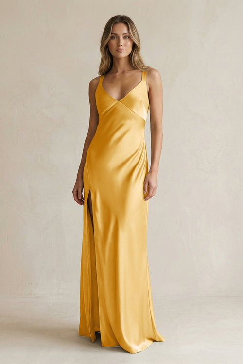V - Neck Sheath Satin Bridesmaid Dress With Slit in Gold - KissProm Bridesmaid Dresses