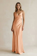 V - Neck Sheath Satin Bridesmaid Dress With Slit in Golden Champagne - KissProm Bridesmaid Dresses