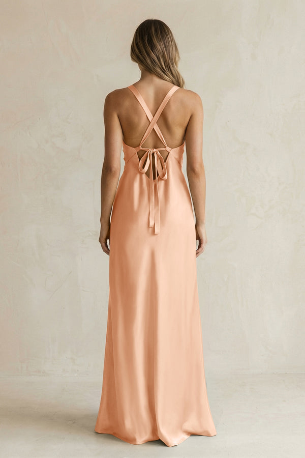 V - Neck Sheath Satin Bridesmaid Dress With Slit in Golden Champagne - KissProm Bridesmaid Dresses