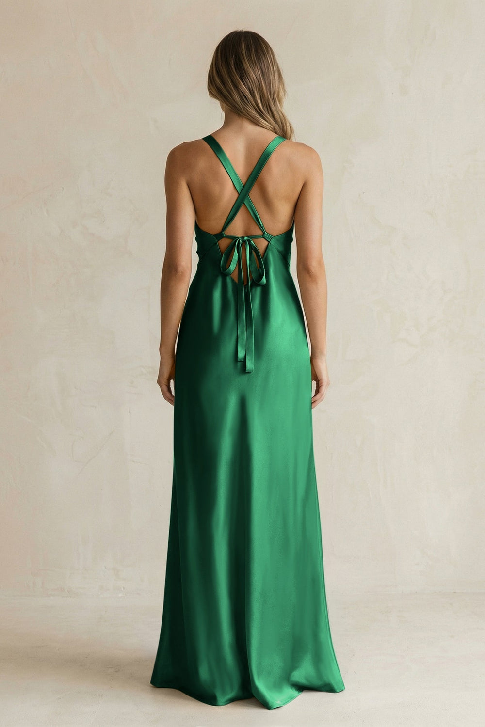 V - Neck Sheath Satin Bridesmaid Dress With Slit in Green - KissProm Bridesmaid Dresses