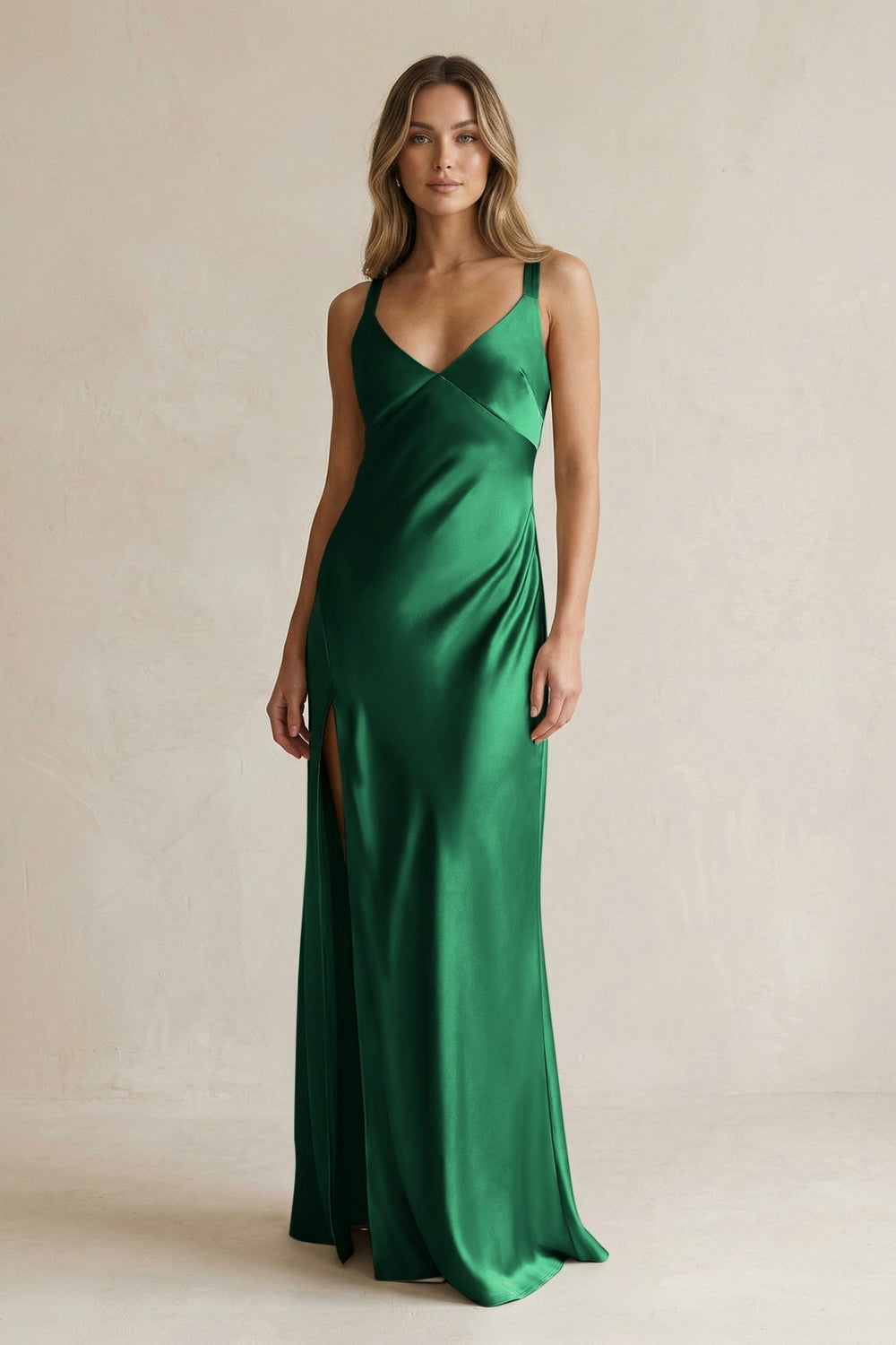 V - Neck Sheath Satin Bridesmaid Dress With Slit in Green - KissProm Bridesmaid Dresses