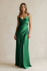 V - Neck Sheath Satin Bridesmaid Dress With Slit in Green - KissProm Bridesmaid Dresses