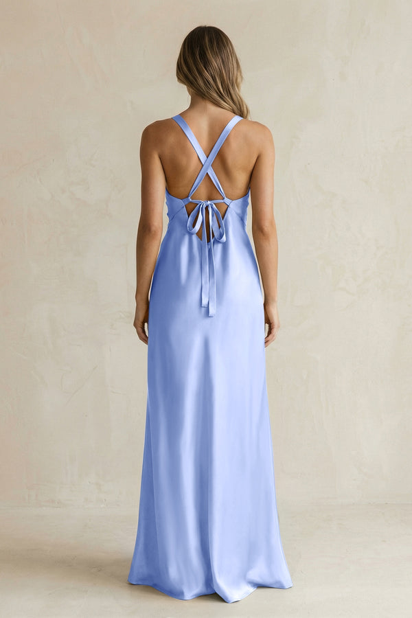 V - Neck Sheath Satin Bridesmaid Dress With Slit in Ice - KissProm Bridesmaid Dresses