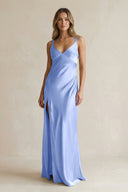 V - Neck Sheath Satin Bridesmaid Dress With Slit in Ice - KissProm Bridesmaid Dresses