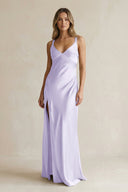 V - Neck Sheath Satin Bridesmaid Dress With Slit in Lavender - KissProm Bridesmaid Dresses