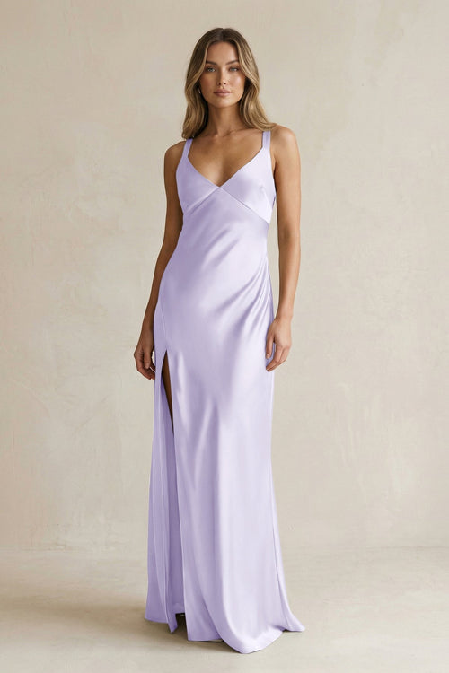 V - Neck Sheath Satin Bridesmaid Dress With Slit in Lavender - KissProm Bridesmaid Dresses