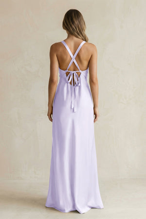 V - Neck Sheath Satin Bridesmaid Dress With Slit in Lavender - KissProm Bridesmaid Dresses