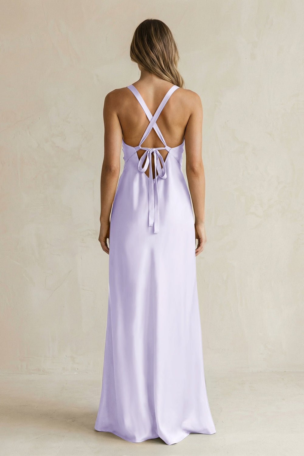 V - Neck Sheath Satin Bridesmaid Dress With Slit in Lavender - KissProm Bridesmaid Dresses