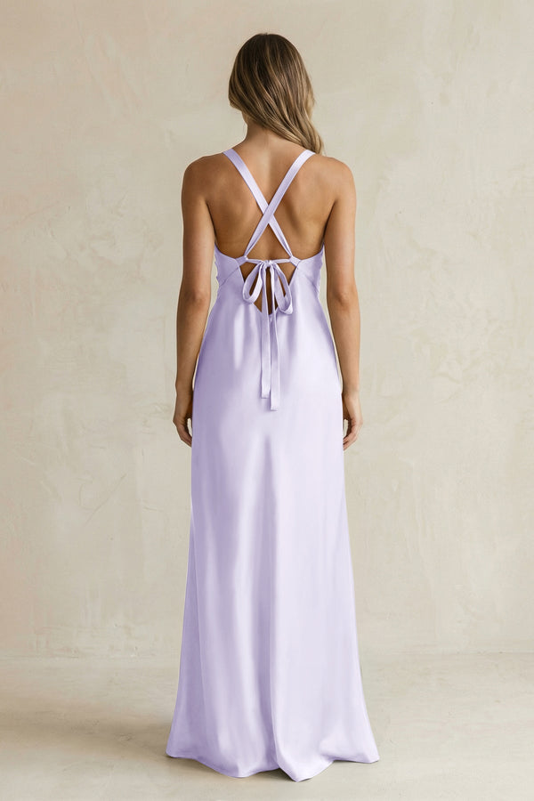 V - Neck Sheath Satin Bridesmaid Dress With Slit in Lavender - KissProm Bridesmaid Dresses