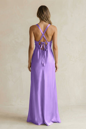 V - Neck Sheath Satin Bridesmaid Dress With Slit in Lilac - KissProm Bridesmaid Dresses