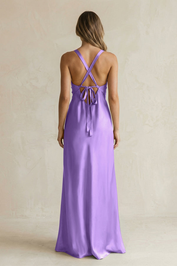 V - Neck Sheath Satin Bridesmaid Dress With Slit in Lilac - KissProm Bridesmaid Dresses