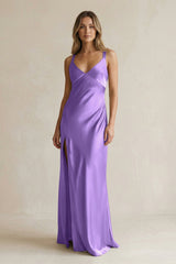 V - Neck Sheath Satin Bridesmaid Dress With Slit in Lilac - KissProm Bridesmaid Dresses