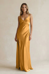 V - Neck Sheath Satin Bridesmaid Dress With Slit in Marigold - KissProm Bridesmaid Dresses