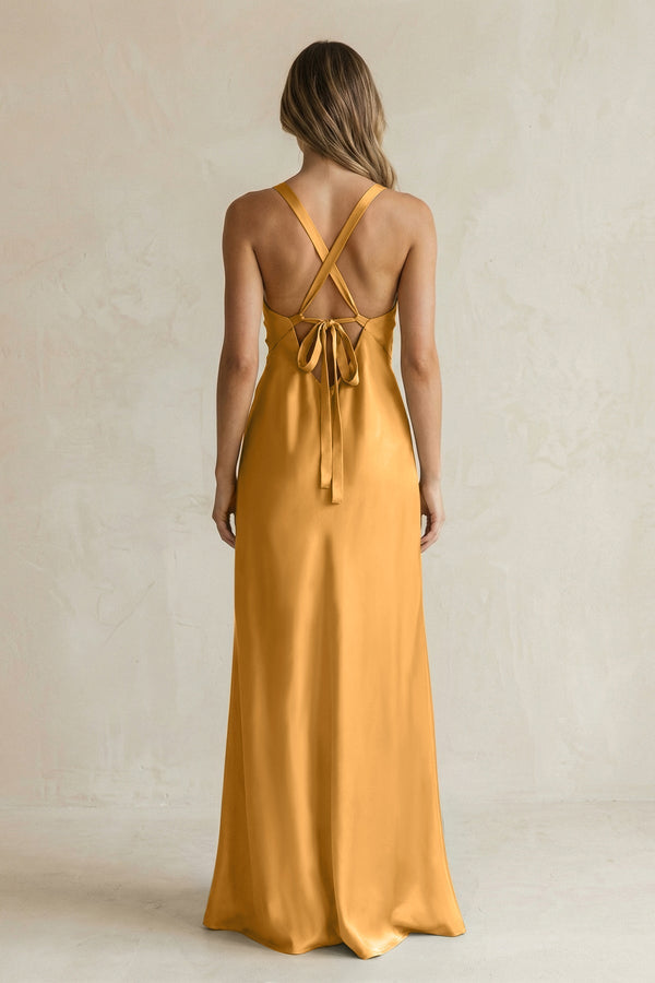 V - Neck Sheath Satin Bridesmaid Dress With Slit in Marigold - KissProm Bridesmaid Dresses