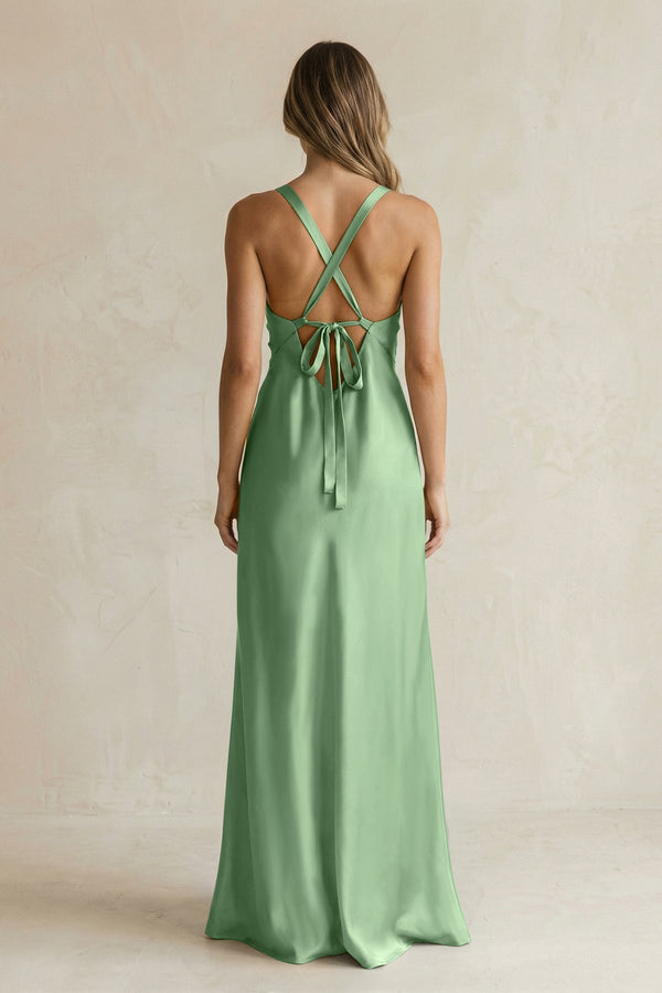 V - Neck Sheath Satin Bridesmaid Dress With Slit in Matcha - KissProm Bridesmaid Dresses