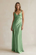 V - Neck Sheath Satin Bridesmaid Dress With Slit in Matcha - KissProm Bridesmaid Dresses