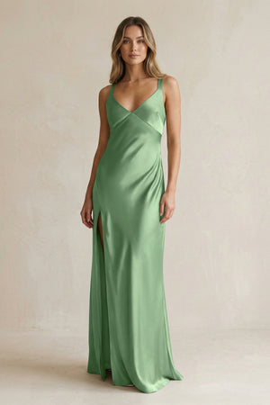 V - Neck Sheath Satin Bridesmaid Dress With Slit in Matcha - KissProm Bridesmaid Dresses