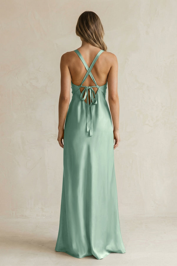 V - Neck Sheath Satin Bridesmaid Dress With Slit in Mint Green - KissProm Bridesmaid Dresses